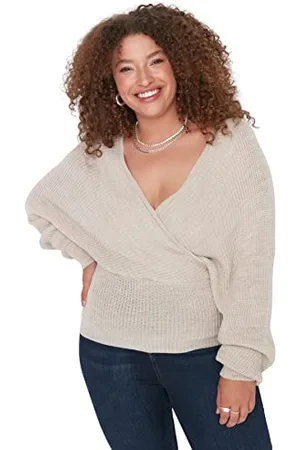 Trendyol Damen Pullover Kragen, Einfarbig, Zweireihig, Übergröße Sweatshirt, , 3XL Größen