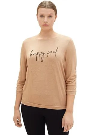 TOM TAILOR Damen 1038833 T-Shirt mit Raffarm & Schriftzug, 32399-blush Mahogany Melange, 50