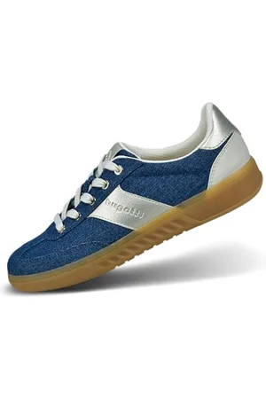 Bugatti Damen-Denim-Sneaker mit silbernen Akzenten, personalisiertem Logo und gestreiften Gummisohlen für zusätzlichen Komfort und Halt., dunkelblau/Gold, 36 EU