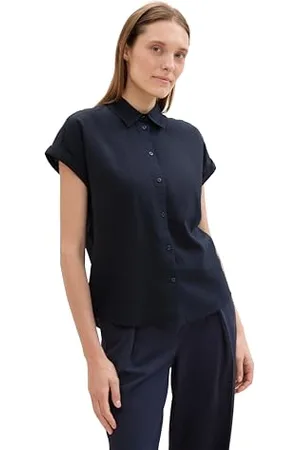 TOM TAILOR Damen Basic Kurzarm-Bluse mit Leinen, sky captain blue, 32