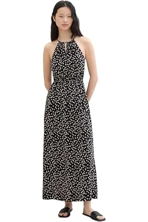 TOM TAILOR Damen Maxi-Kleid mit Neckholder, black flower minimal print, XXL