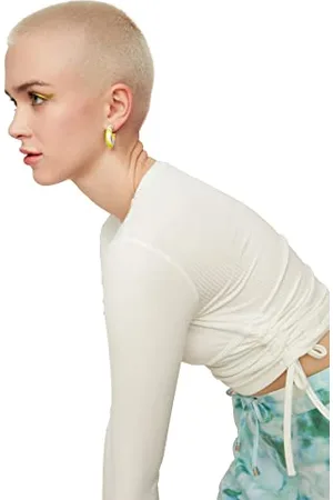 Trendyol Damen Ekru Shirred Crop gestrickte Bluse Blouse, , XL