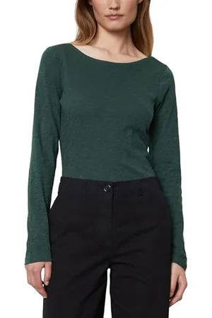 Marc O’ Polo Marc OߴPolo Damen Langarmshirt aus Bio-Baumwolle mit U-Boot-Ausschnitt, Grün (Midnight Pine), XXS