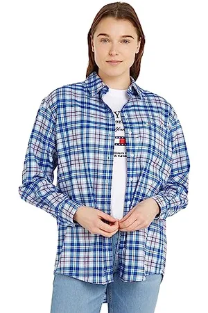 Tommy Hilfiger Damen Hemd Check Overshirt Langarm, Mehrfarbig (Blue Check), L