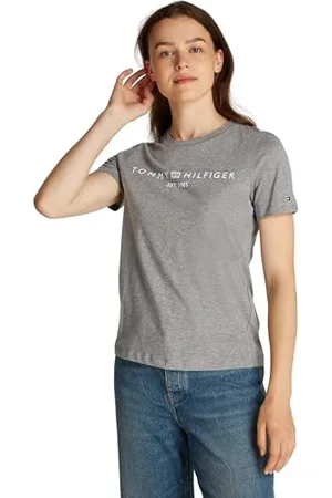 Tommy Hilfiger Damen T-Shirt Kurzarm Logo Rundhalsausschnitt, Grau (Mid Grey Heather), XS