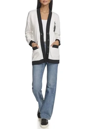 Karl Lagerfeld Damen Varsity Logo with Patches Marled Cardigan, Weiches Weiß/Schwarz, XL