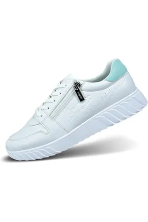 Bugatti Damen-Weiße Sneakers mit Chunky Featherlight Eva-Sohlen, gestreifter Prägung, Reißverschlussdetail und dekorativen Perforationen weiß/hellgrün 42 EU