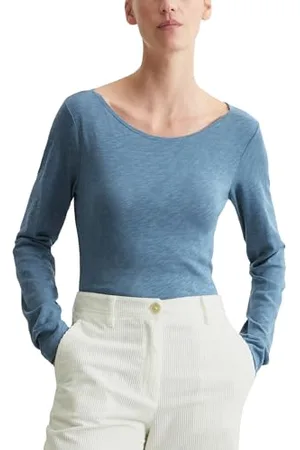 Marc O’ Polo Marc OߴPolo Damen Langarmshirt aus Bio-Baumwolle mit U-Boot-Ausschnitt, Blau (Hazy Blue), XS
