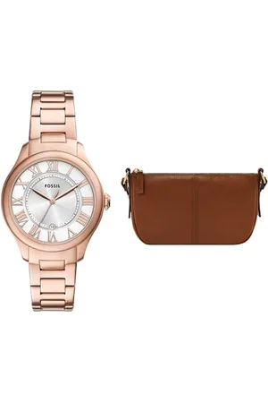 Fossil Damen Raquel Roségoldfarbene Edelstahl Uhr und Jolie Tasche Braun, Set
