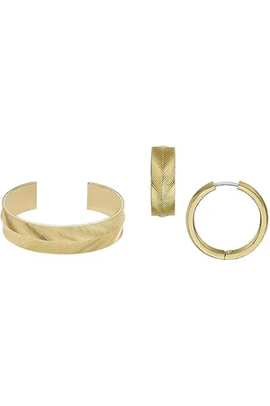 Fossil Damen Manschettenarmband und Ohrringe Harlow Linear Texture, goldfarbener Edelstahl