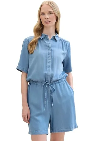 TOM TAILOR Damen Kurzer Overall in Denim Look , Clean Mid Stone Blue Denim, 38