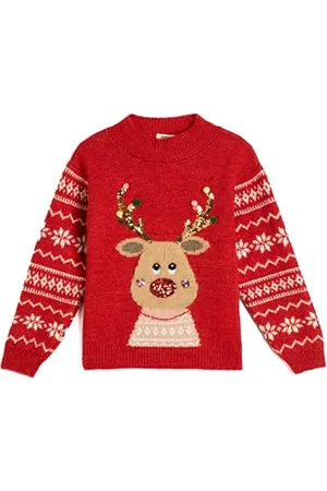 Koton Girls Christmas Sweater Deer Patterned Crew Neck Sequined Detail Soft Touch