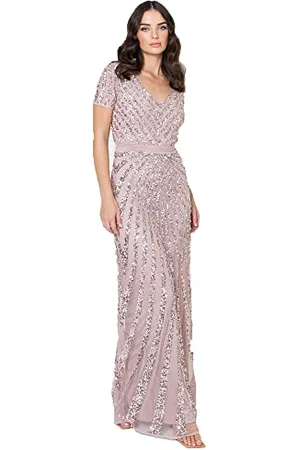 Maya Deluxe Damen Maxi Dames Embellished Sequin Jurk Lange Korte Mouwen V-hals Hoge Empire Waist Cut Shiny Prom Wedd Brautjungfernkleid, , 36 EU