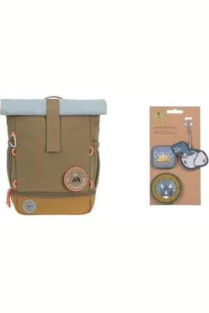 LÄSSIG Kindergartenrucksack Kinderrucksack Rolltop mit Brustgurt wasserabweisend & Anhänger und Patches Set (3 STK.) mit Druckknopf/School Patches Set Jurassic