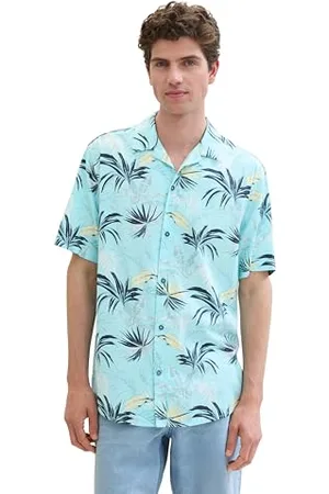 TOM TAILOR Herren Regular Fit Hemd mit Sommer-Allover-Print, turquois tropical leaf design, S