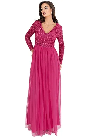 Maya Deluxe Damen Womens Ladies Dress Sleeve for Wedding Guest V Neck High Empire Waist Maxi Long Length Evening Bridesmaid Prom Kleid, , 48 EU