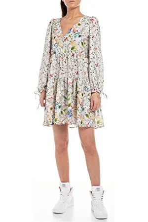 Replay Damen Kleid Langarm All Over Print, (Mehrfarbig), L