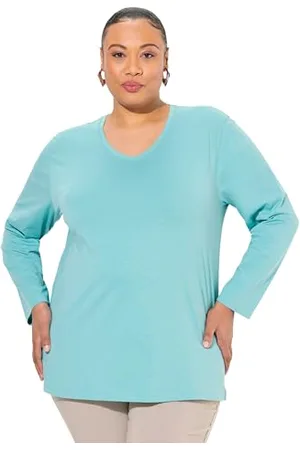 Ulla Popken Damen große Größen Übergrößen Plus Size Shirt, V-Ausschnitt, Relaxed, Langarm