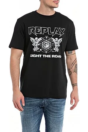 Replay Herren T-Shirt Kurzarm Rundhalsausschnitt Light the Road, (Schwarz), XS