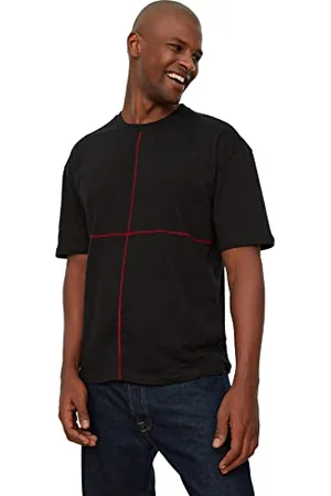 Trendyol Herren Herren Entspannte Fit 100% Baumwolle Runder Kragen Kontrast Karyoca Genähtes T-shirt T Shirt, , S EU