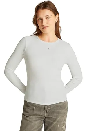 Tommy Hilfiger Damen Langarmshirt Slim Fit Essential aus Baumwolle, Weiß (Ecru), M