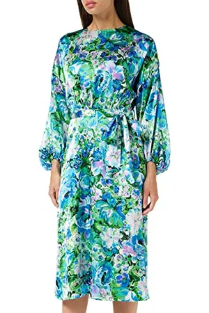 HOPE & IVY Damen The Arielle Midi Blumenmuster und Blousonärmeln Kleid für besondere Anlässe, blau/grün, 38