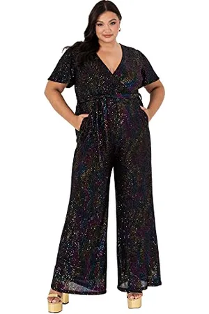 Lovedrobe Damen Ladies Playsuit for Women Black Sequin Short Sleeve Plunging Neck Plus Size Curve Big and Tall Belt Jumpsuit, 24