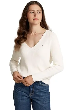 Tommy Hilfiger Damen Pullover Cardi Fine V-Ausschnitt, Elfenbein (Ivory Petal), 3XL