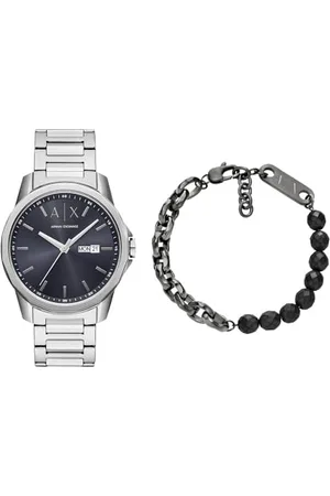 Armani Exchange Herren Silberfarbene Edelstahl Uhr und Armband Gunmetal, Set