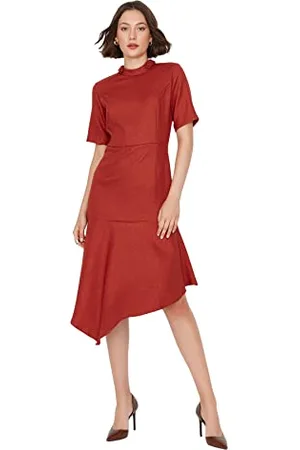 Trendyol Damen Woman Mini Skater V-Ausschnitt Webstoff Kleid, , S