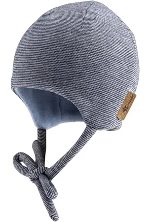 Sterntaler Beanie Mütze in Melange Optik mit dezentem Streifen - Neugeborenenmütze mit angeschnittenen Ohrenklappen und Bindeband - Unisex Babymütze, gefüttert mit Baummwollfleece - Marine, 45