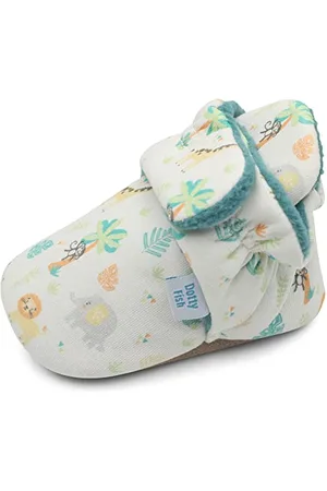 Dotty Fish Baby Stiefel für den Winter - Warme, rutschfeste Krabbelschuhe aus Baumwolle mit Wildeledersohle. Teal Fleece mit Safari-Tieren. 0-6 Monate