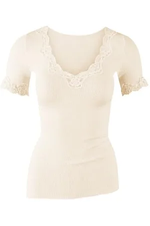 Calida Richesse Lace T-Shirt Damen, aus Schurwolle und Seide mit Spitze am Ausschnitt, Feinripp im Rundstrick ohne störenden Seitennähte, temperaturausgleichend