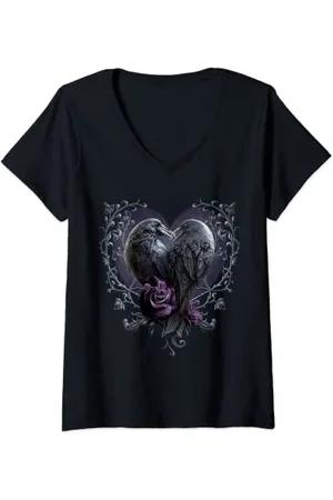 Spiral Damen Original - Rabe Herz - Gothic Ravens T-Shirt mit V-Ausschnitt