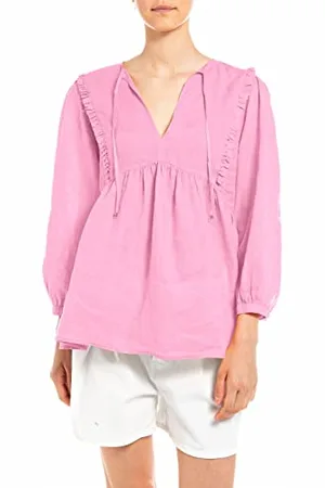 Replay Damen Bluse Langarm aus Leinen, (Rosa), M