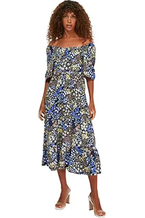 Trendyol Damen Multi-colored Balloon Sleeve Floral Pattern Casual Dress, , 38 EU