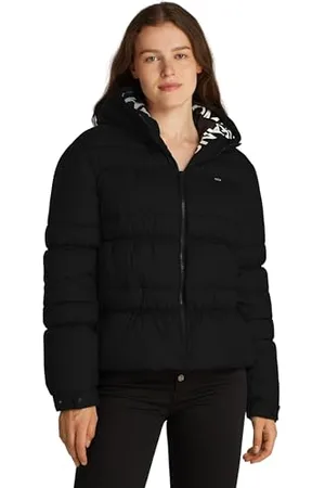 Tommy Hilfiger Damen Pufferjacke Quilt Rouch Tape Jacket mit Kapuze, (Black), XS