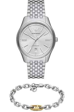 Emporio Armani Herren Silberfarbene Edelstahl Uhr und Armband aus mehrfarbigem Edelstahl, Set