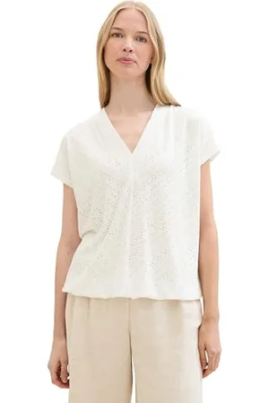 TOM TAILOR Damen Basic Blusen-Shirt mit Lochstickerei-Details, Whisper White, XXS