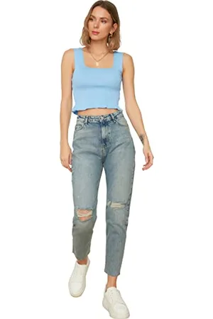 Trendyol Damen Blue Torn Detailed High Waist Mother Jeans, , 36 EU