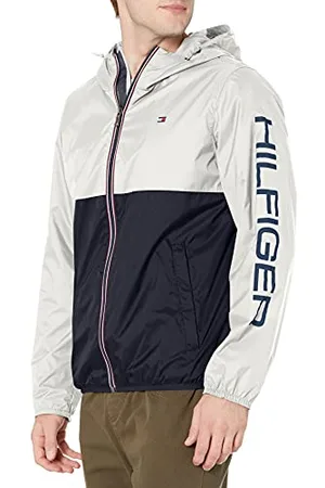 Tommy Hilfiger Herren Lightweight Active Water Resistant Hooded Rain Jacket Regenjacke, Ice/Navy Colorblock, S