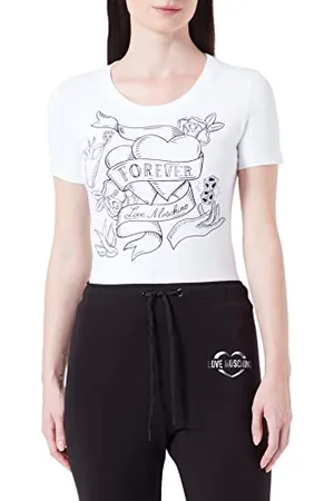 Moschino Damen Tight-fitting Short Sleeves With Transparent Rhinestones T Shirt, , 40 EU