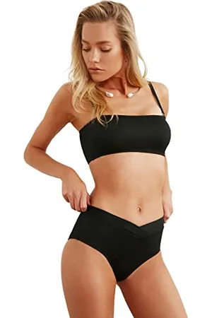 Trendyol Damen Texturierte V Schneide Hohe Taille Sechs Bikini Bottoms, , 34 EU