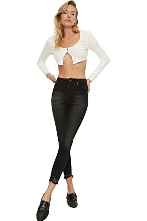 Trendyol Damen Zerrissene Detaillierte Hohe Taille Dünne Jeans Jeans Chino, , 38