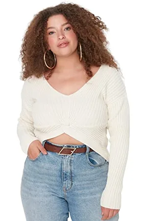 Trendyol Damen Pullover mit V-Ausschnitt, einfarbig, regulär, Übergröße Sweatshirt, , 52