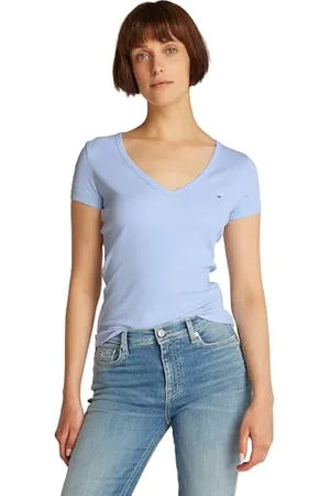 Tommy Hilfiger Damen T-Shirt Kurzarm Slim Essential Rib V-Ausschnitt, Blau (Sweet Blue), XS