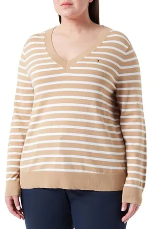 Tommy Hilfiger Damen Pullover V-Ausschnitt, Mehrfarbig (Classic Khaki/ Ecru Stp), 46