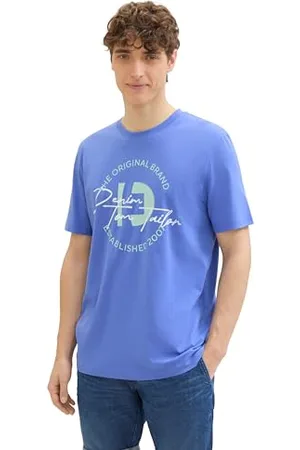 TOM TAILOR Herren Basic Crew-Neck T-Shirt mit Logo-Print, blueberry blue, XXL