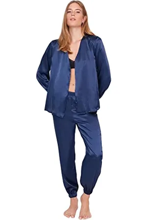 Trendyol Damen Damen Unifarben Elastische Taille Mitte Webstoff Hemd-hose Pyjama Pajama Set Double-breasted Standard Indigo Pajama Set, , 42