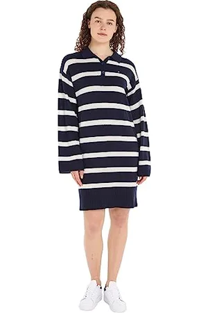 Tommy Hilfiger Damen Polokleid Soft Wool Langarm, Mehrfarbig (Breton Stp/ Desert Sky/ Ecru), XXL